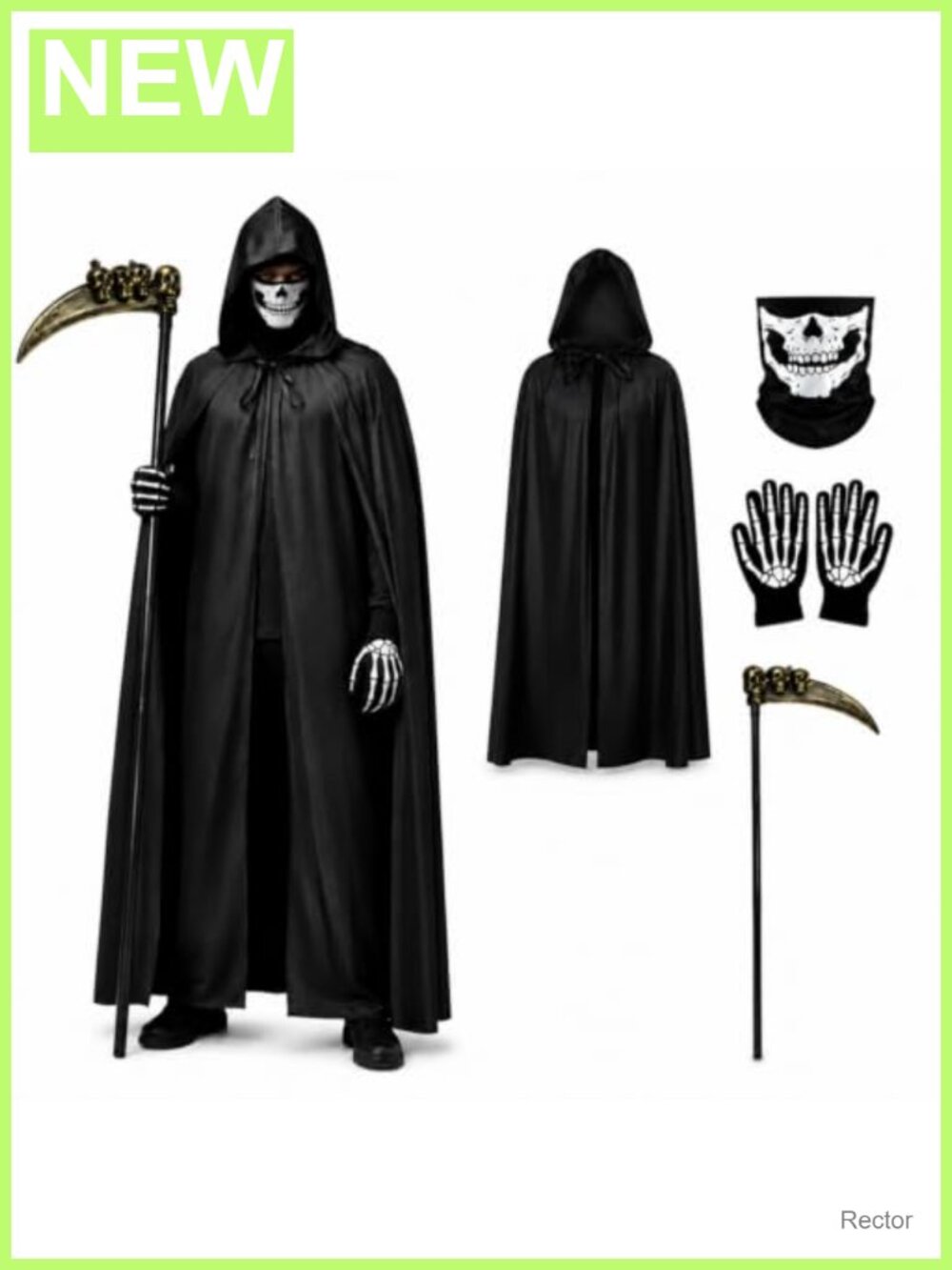 4-Piece Grim Reaper Costume Set with Mask, Scythe, Gloves, Cloak, Size M